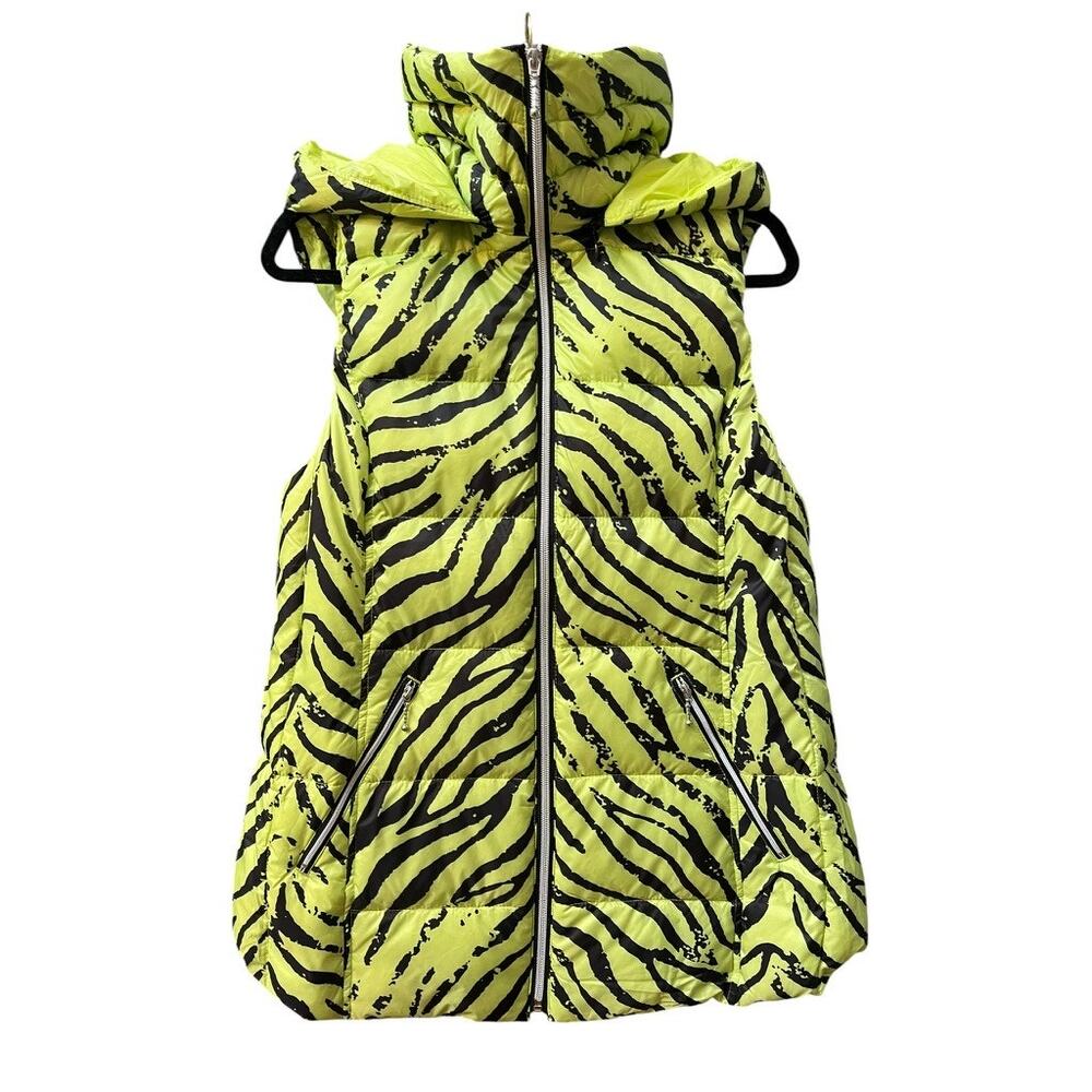 My Anorak Y2K Zebra Down Hooded Puffer Vest | Womens L, Lime Green Black NWT